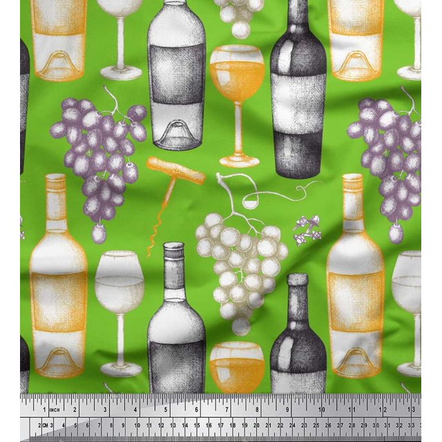 Soimoi Modal Satin Fabric Grapes,Wine Glass & Bottle Print Fabric by Yard 42 Inch Wide
