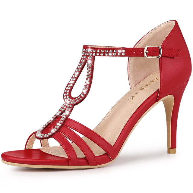 BLISSFUL STEP Women's Rhinestone Ankle Strap Open Toe Stiletto Red Heels Sandals 10 M US