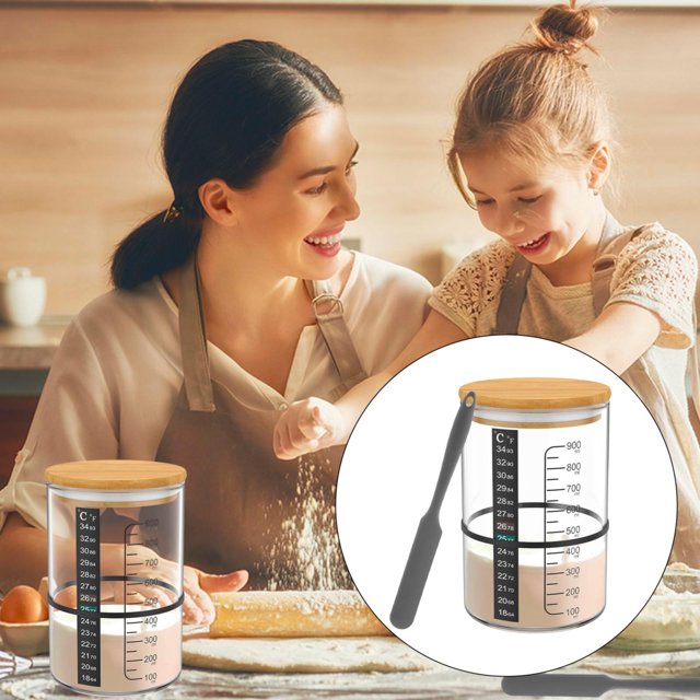 Oleegame 1PC Produce Storage Glass Jar Kit With Scale Paper 30.4oz Temperature Container W/ Wooden Lid Cloth Cover Wide Mouth Jar For Breads Fermentation Gray