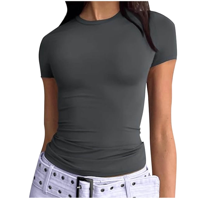 Yuyuzo Hauts de Sortie pour Femmes T-Shirts à Manches Courtes Col Ras du Cou Extensibles Ajustés T-Shirts Basiques Haut