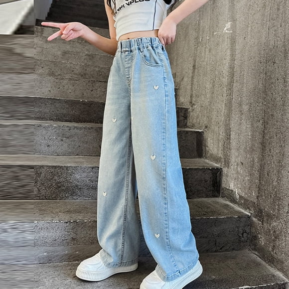 PMVFHDE Kids Clothes Girls Fashion Embroidered Pants Elastic Waist Wide Leg Jeans Loose Casual Demin Pants With Pockets Girls Pants Blue,130