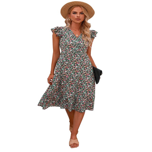 Robe d'Été pour Femmes Col en V Manches Volantes Ourlet à Volants Robe Bohème Décontractée Élégante Robe Trapèze Robe Maxi Orange S