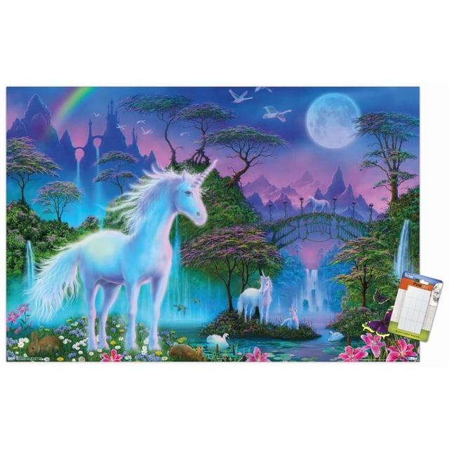 Affiche Murale de Prairie de Licorne, 22,375 Po x 34 Po, Représente une Scène Fantastique Brillante avec une Grande Licorne Blanche avec une Crinière Fluide Se Tenant sur une Prairie Remplie de Fleurs au Bord d'Un Étang, Entourée de Petites Licornes, de Lapins, de Cygnes et de Papillons sous une Pleine Lune et un Arc-en-Ciel, avec des Cascades, un Pont de Pierre et des Flèches de Château en Arrière-Plan, Convient pour Décorer des Chambres, des Bureaux Ou des D