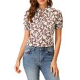 thumbnail image 1 of INSPIRE CHIC Blouse Florale Décontractée à Manches Courtes pour Femme, Col Noué à Volants, TP, Brun, 1 of 7