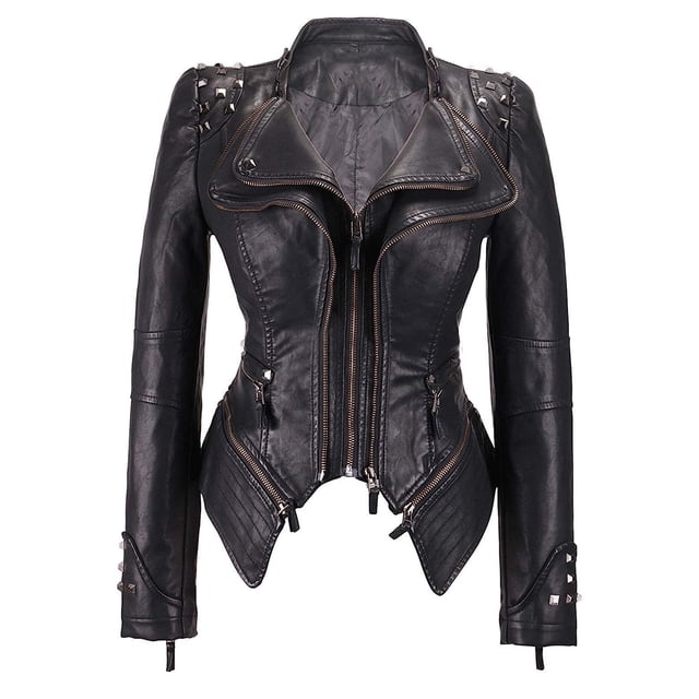 Qertyioot Womens Leather Jacket Long Sleeved Short Lapel