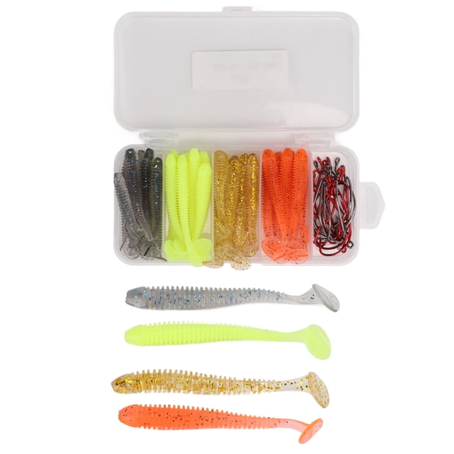 Bass Fishing Lure Soft Fishing Lures 60Pcs Box Soft Bait Fishing Lures Kit With Stainless Steelnk Hooks Artificial T Tail Pvc Soft Lure Baits For Bass Fishing