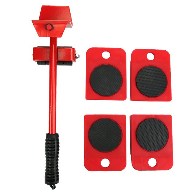 Heavy Furniture Moving Tool Transport Shifter Mover Easy Moves Furniture by Dewin, featuring a red crowbar with an ergonomic anti-slip handle and four red base panels with black textured surfaces. Designed for moving heavy furniture like sofas, beds, and cabinets, it includes thick rolling wheels for quiet and efficient operation. Compact and lightweight, this tool is made of durable plastic and iron, weighing approximately 1.2 kg (2.6 lb).