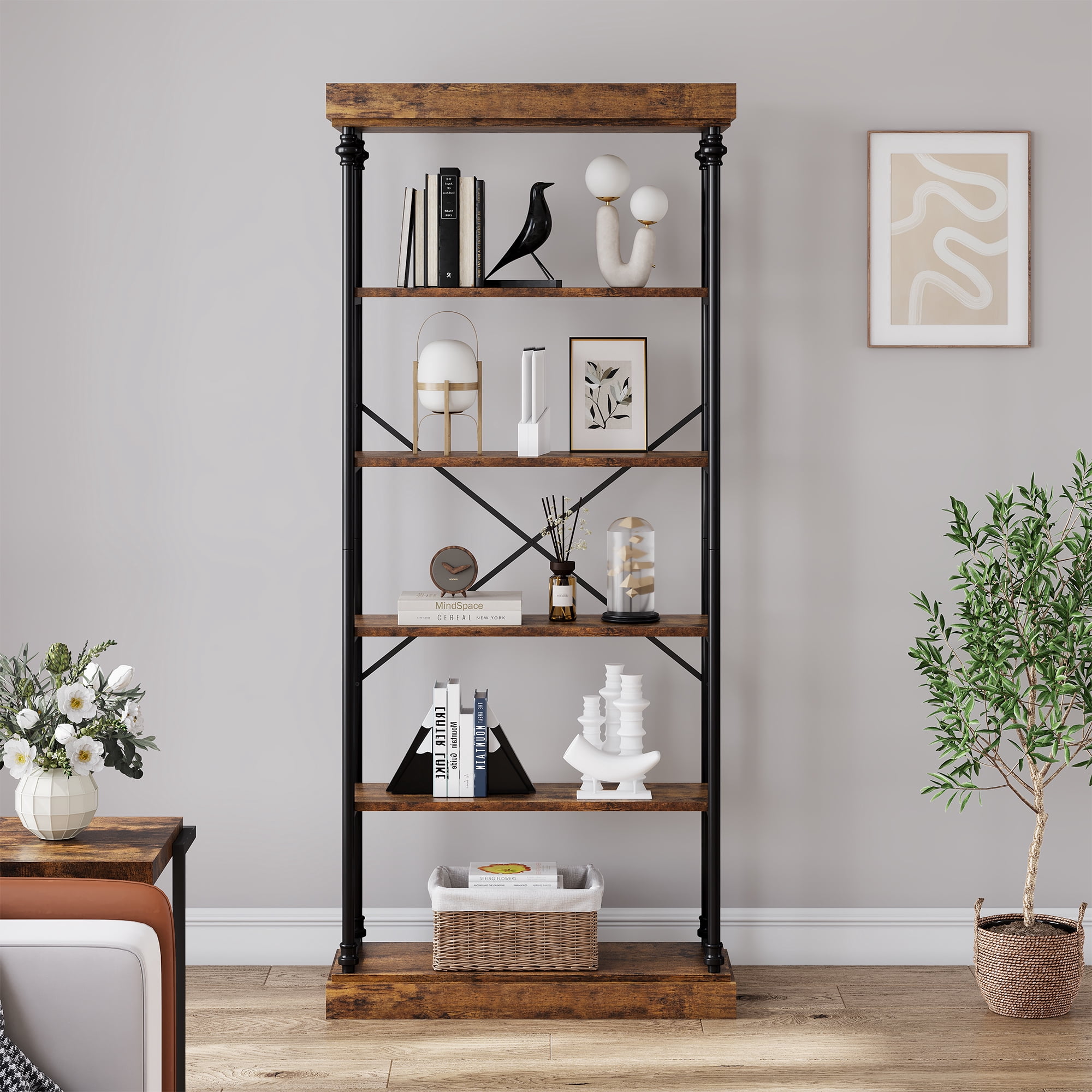 6-Tier Industrial Bookshelf – Freestanding Bookcase with Metal