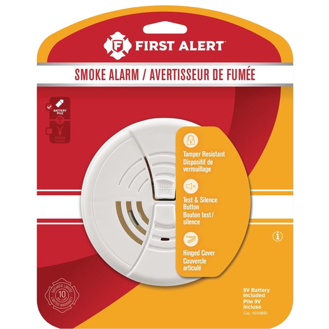 First Alert Pile de Base Smoke Alarm FG250CNA, Détecteur de Fumée Rond Blanc avec Goupille de Verrouillage Résistante à l'Altération, Bouton de test et de Silencieux, Couvercle à Charnière pour un Remplacement Facile de la Pile 9V, Conçu pour un Montage Mural Ou au Plafond dans les Systèmes de Sécurité Domestiques.