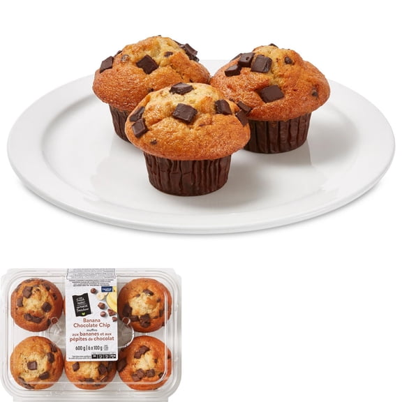Muffins aux bananes et aux pépites de chocolat Mon marché fraîcheur, 6 muffins, 600 g au total