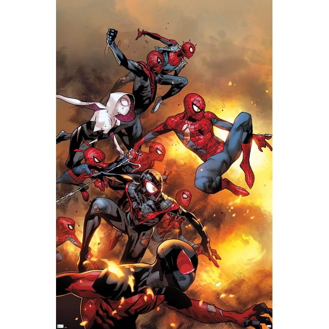 Marvel Comics - Spider-Verse - The Amazing Spider-Man #13 Affiche Murale, 22,375 Pouces x 34 Pouces Encadrée Mettant en Vedette Plusieurs Personnages Spider-Man en Divers Ensembles, Dont Rouge et Bleu Classiques, Noir et Rouge, et Blanc avec accents Rouges, Posée Dynamiquement sur un Fond orange Ardent. Cette Oeuvre Murale Encadrée Convient à la Déco de la Maison, aux Fêtes à Thème Ou comme Cadeau.