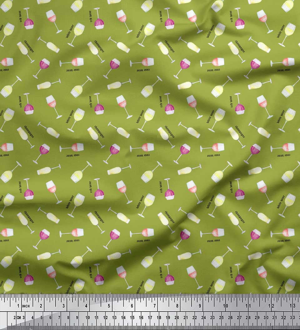 Soimoi Green Cotton Poplin Fabric Text & Wine Glass Bar Decor Fabric Printed Yard 58 Inch Wide