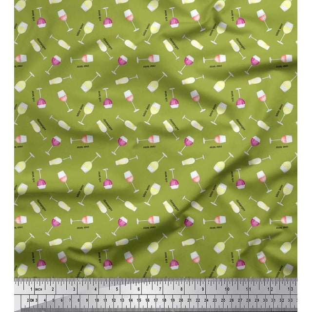 Soimoi Green polyester Crepe Fabric Text & Wine Glass Bar Fabric Prints By Yard 52 Inch Wide
