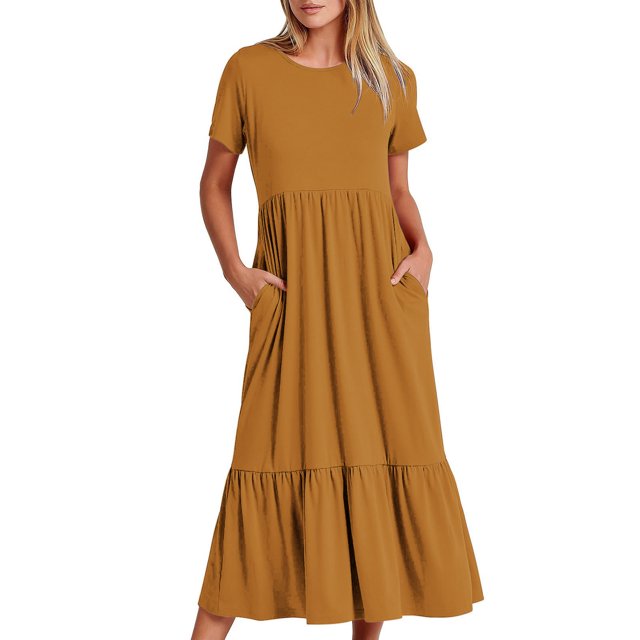 Penkiiy Robe d'Été Décontractée pour Femme à Manches Courtes, Col Ras du Cou, Robe Longue Fluide à Étages pour la Plage avec Poches, m Jaune