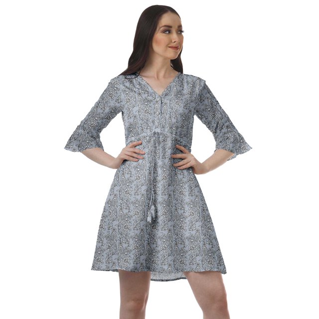 Moomaya Robe Courte à Cordon Imprimée en Poly-Crêpe pour Femmes, Robe Chemise à Manches à Volants