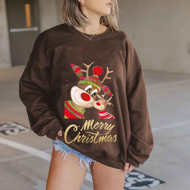 Chandail de Noël pour Femmes 2023 Mode Manches Longues Col Rond Imprimé de Noël Hauts Amples Blouse Chandails en Liquidation