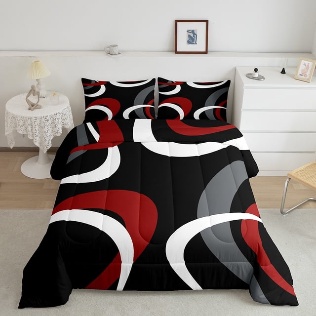 Erosebridal Black and White Red Bedding Full Comforter Set, Abstract Line Down Comforter, Geometry Home Decor Ultra Soft 3pcs
