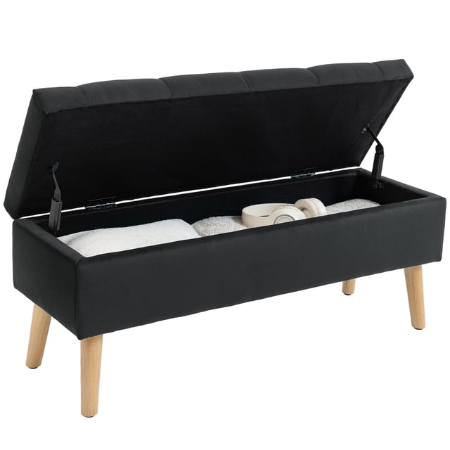 HOMCOM Banc Ottoman Rembourré avec Rangement avec Pattes en Bois, Noir