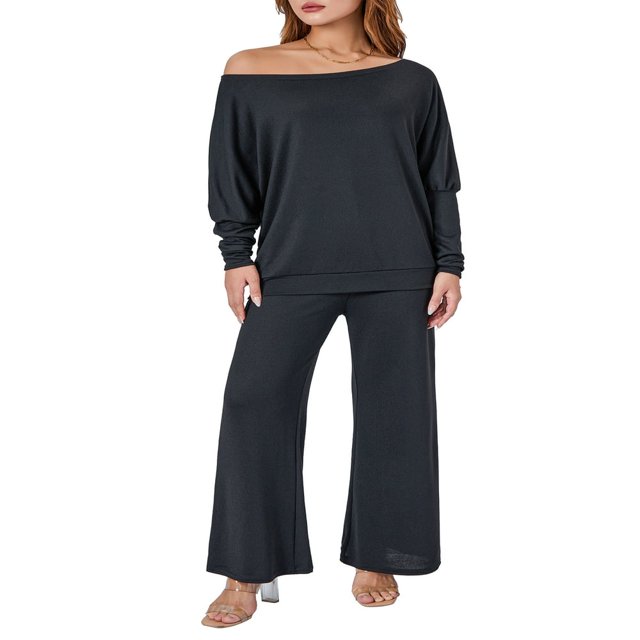 Ensemble de Hauts en Tricot à Épaules Dénudées et de Pantalons à Jambes Larges pour Femmes