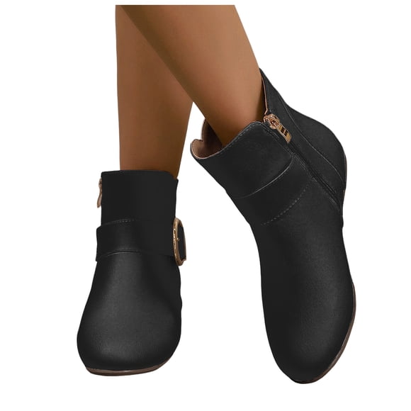 Womens Short Boots Fashion Buckle Leather Round Toe Flat Low Heels Dress Ankle Booties Winter Fall Shoes Black