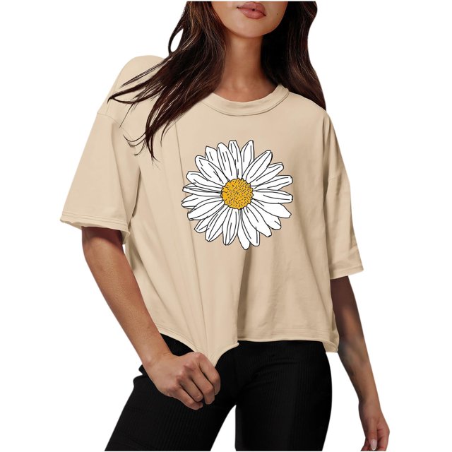 Women Drop Shoulder Round Neck Oversized Crop Tops Workout Tops Tees