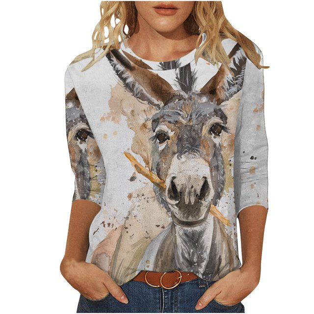 Blouses pour Femmes Mode, Mode Femmes Décontracté Imprimé Col Rond Manches 3/4 T-Shirt Haut Blouse