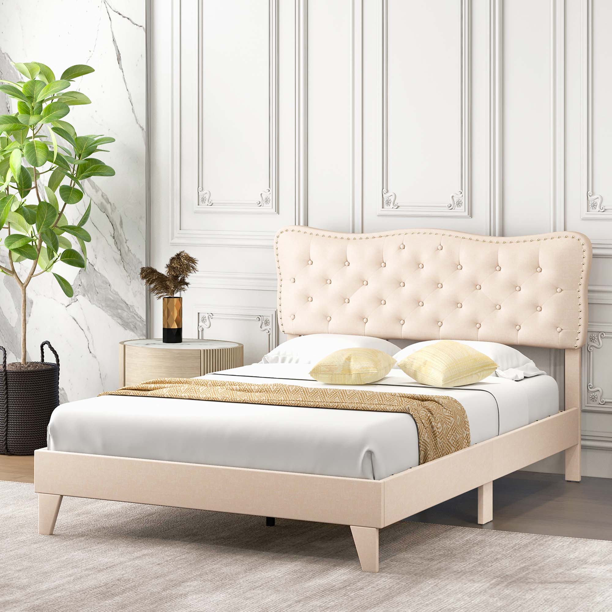 Costway Lit Plateforme Grand Rembourré avec Tête de Lit Capitonnée, Base de Matelas