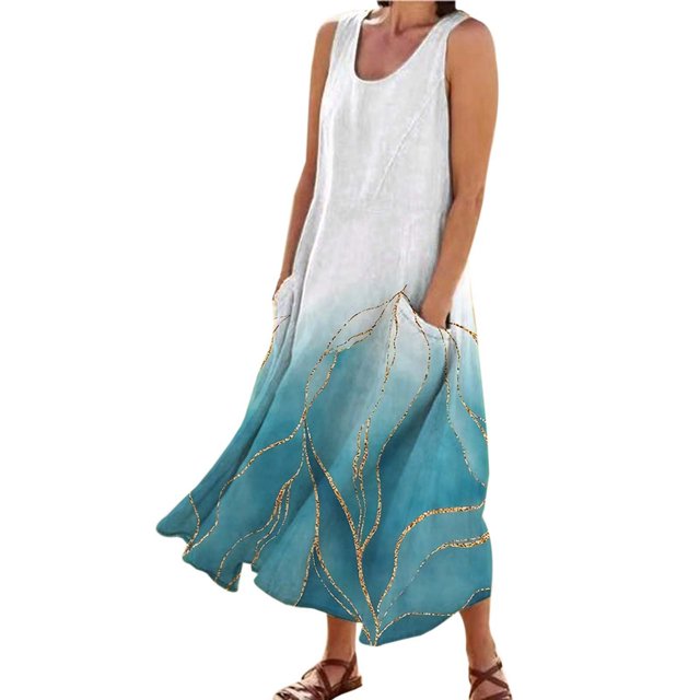TJAZFJPA Robes d'Été pour Femmes Mode pour Femmes Col Rond Décontracté Imprimé Pissenlit 3D Sans Poignets Poche Longue Robe Débardeur Robe Décontractée Robe pour Femmes Robe de la Saint-Valentin Femmes