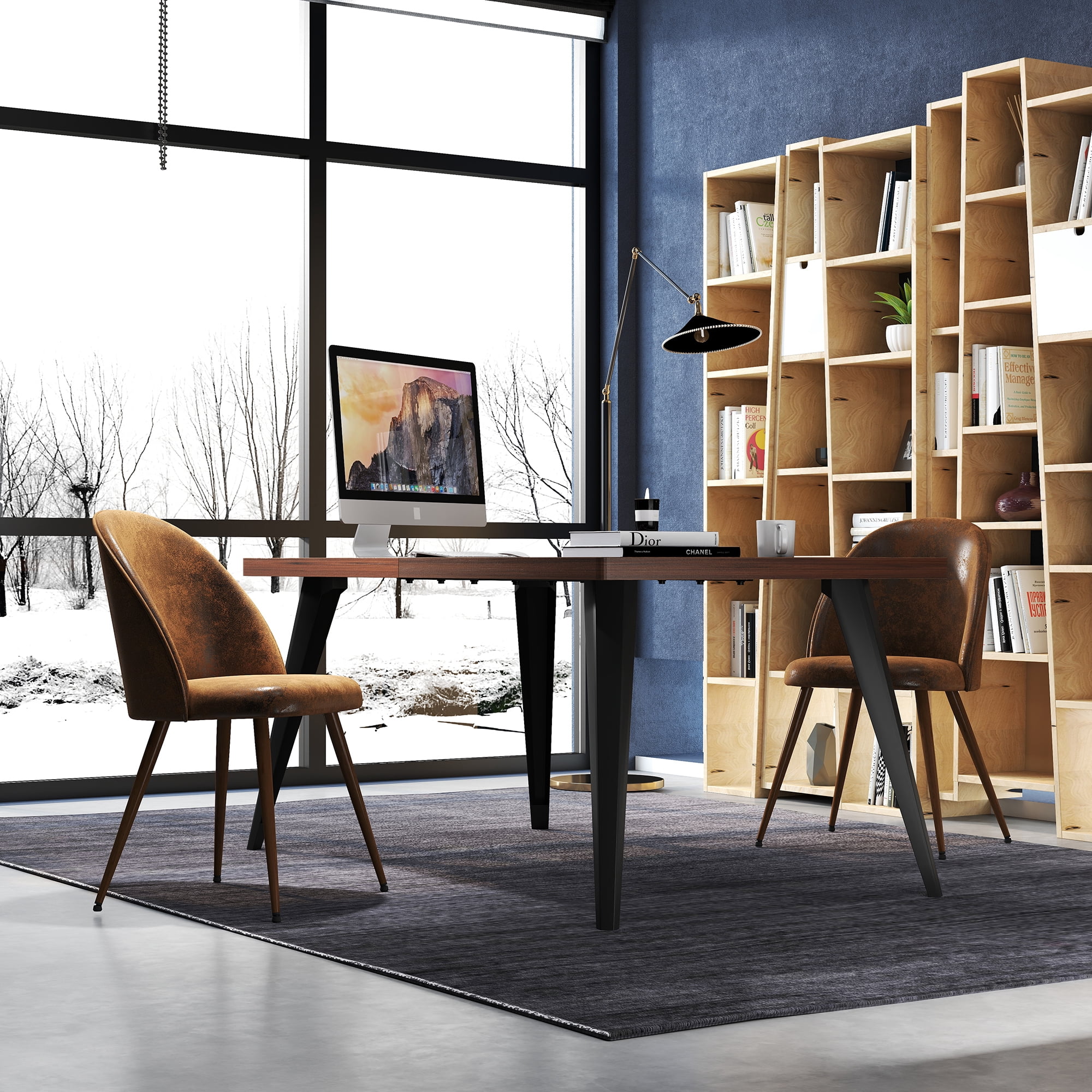 Ensemble de 2 chaises de bureau modernes Homy Casa, dossier incurvé rembourré en imitation daim brun