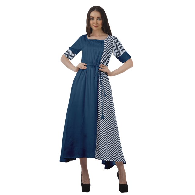 Moomaya Robe Midi en Viscose à Manches Courtes Imprimée Style Santoon à Taille à Cordon pour Femmes