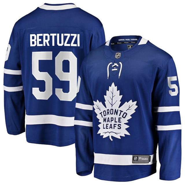 Tyler Bertuzzi Maple Leafs de Toronto LNH Fanatics Breakaway Chandail Domicile en Grande Taille, Mettant en Vedette les Couleurs Bleu et Blanc de l'Équipe avec Nom et Numéro de Joueur Cousus en Sergé Tackle. l'Avant Affiche le logo Maple Leafs de Toronto, Tandis Que l'Arrière Mettant en Valeur le Nom et le Numéro de Bertuzzi 59. Fabriqué avec Lumière, Tissu Respirant et Coupe Ajustée, Il Comprend un Écusson LNH sur le Col et la Marque Fanatics à l'Ourlet.
