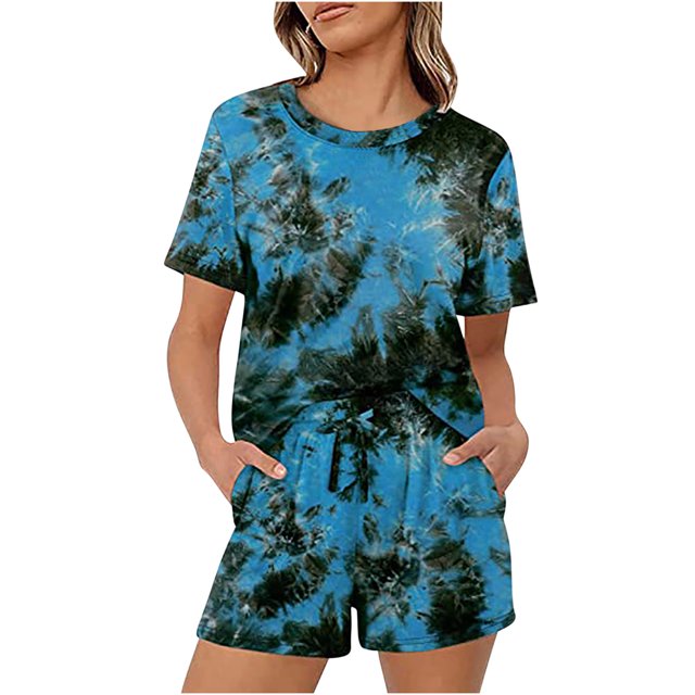 Birdeem Two-Piece Womens Summer Printed and Solid One Shoulder Top and with Pocket Shorts Set Suit