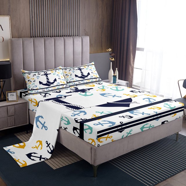 Erosebridal Colorful Anchor Print Full Sheet Sets, Nautical Bedding Full Size 4-Piece