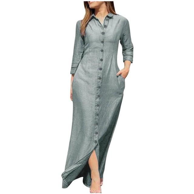 cfhntfmh Robes Maxi pour Femmes Décontractées d'Automne à Col, Manches Longues, Chemises Boutonnées, Robe Douce en Coton et Lin