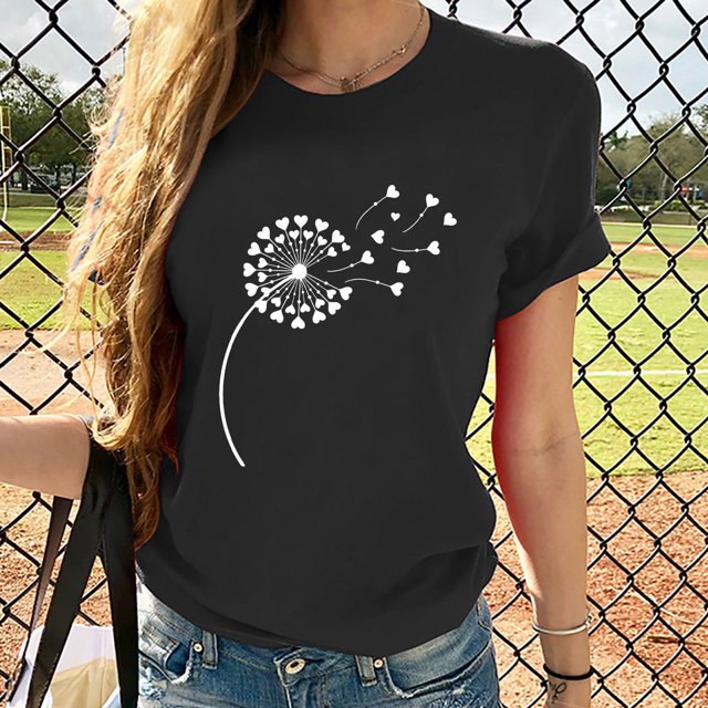 Meichang T-Shirts Graphiques Tendance pour Femmes Nouveauté Drôle Mignon T-Shirts à Imprimé Pissenlit Décontractés Col Rond Manches Courtes T-Shirts Légers Hauts