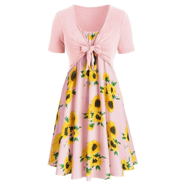 Robe Mini pour Femmes à Manches Courtes avec Nœud, Haut Bandage, Imprimé Tournesol, Ensemble Robe