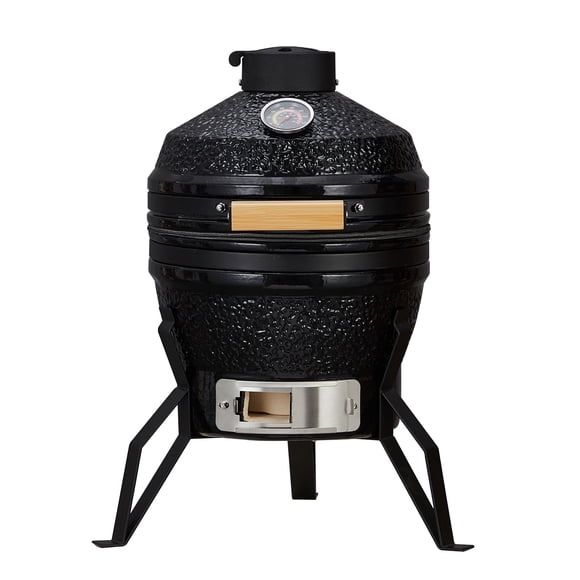 Ceramic Charcoal Grill – Portable Egg-Shaped BBQ Smoker – 13" with Stand – Built-in Thermometer & Steel Grate – Heat Deflectors – Heavy Duty – Barbecue, Camping, Baking & Tailgating