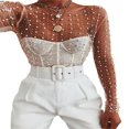 thumbnail image 3 of Women‘s Summer Sheer Mesh Tops Long Sleeve  Neck Rhinestone Slim Fit Crop Tops, 3 of 7