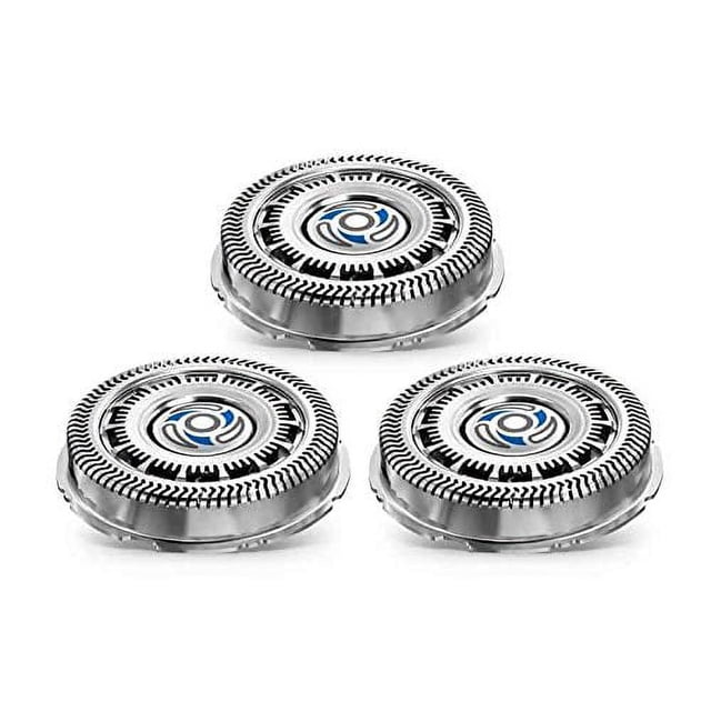 Pour Philips Series 7000 Rasoir de Rechange Head Sh70/50 7000 Series 3 X Tête de Coupe Rotative. l'Image Montre Trois Têtes de Rasoir Circulaires de Rechange avec une Finition Métallique et des designs de Lames Rotatives Complexes, Adaptées à un Rasage Doux et Agréable pour la Peau. Ces Têtes de Rechange Offrent des Lames à Piste Douce et une Technologie super Lift-And-Coupe pour un Rasage de Près. Conçues pour un Remplacement Facile à Enfiler et à Retirer par Clic, Elles Aident à Réinitialiser Votre Rasoir