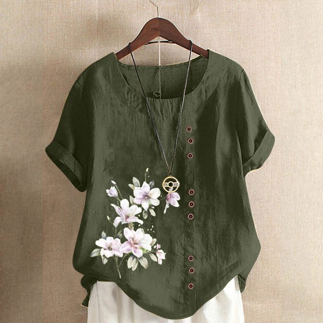 Birdeem T-Shirt Ample Décontracté d'Été pour Femme à Col Rond, Manches Courtes, à Imprimé Floral