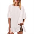 thumbnail image 1 of AherBiu Womens Summer Tops Casual Short Sleeve Drop Shoulder Crewneck Comfy T Shirts Loose Ruffle Patchwork Tops, 1 of 7