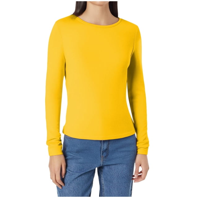 SROBPTY Longues Chemises à Manches pour Femmes, T-Shirt Décontracté à Col Rond pour Femmes à Manches Longues en Jaune, Taille P. Ce Haut pour Femmes Présente une Encolure Ronde simple et une silhouette Ajustée, Fabriqué en Tissu Doux et Agréable pour la Peau. Idéal pour les occasions Décontractées, Quotidiennes Ou Semi-Formelles, Il s'Agence Bien avec des jeans Ou des Jupes pour un Style Polyvalent.