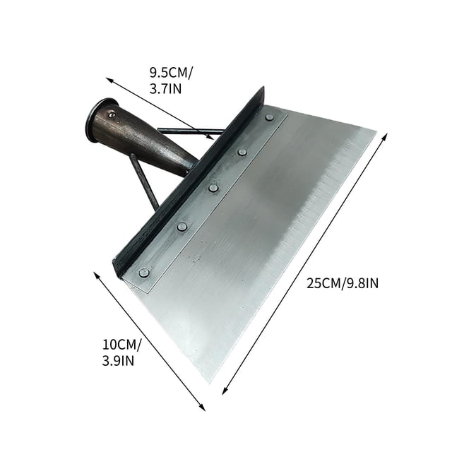 Meitianfacai Multi-Functional Garden Cleaning Shovel, a durable steel flat head shovel measuring 25 cm (9.8 in) wide and 10 cm (3.9 in) tall, reinforced with rivets for long-lasting use. Ideal for outdoor tasks such as removing garden moss, weeds, ice, and stubborn stickers from walls, floors, and sheds. Features a wooden handle hole for easy installation, making it a versatile digging tool for garden maintenance.