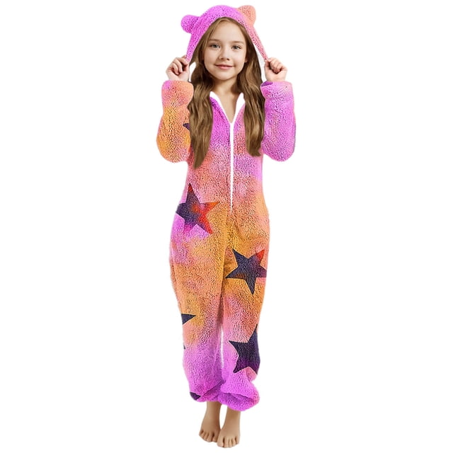 EGNMCR Combinaison Fille Manches Longues Combinaison à Capuche Pyjama Décontracté Hiver Chaud Combinaison de Nuit Fille Polyester Combinaison