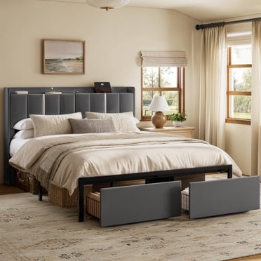 GUNAITO Full Bed Frame with Storage Headboard Upholster Platform Bed Frame with LED Lights and USB Ports & Outlets Grey