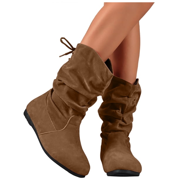 Rokment Womens Slouchy Wide Mid Calf Boots Fall Winter Fashion Slouch Suede Round Toe Flat No Heel Tall Dress Booties with Back Lace up
