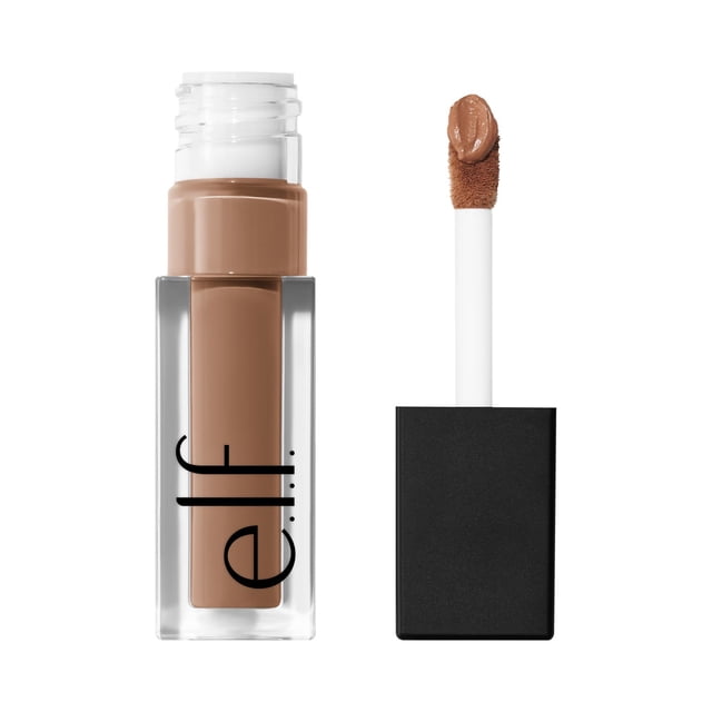 e.l.f. Cosmetics Liquid Velvet Eyeshadow, Extra Toasted, 4.4 g, with clear rectangular bottle showing matte brown liquid-to-powder eyeshadow and black square cap with doe-foot applicator wand coated in the same shade, suitable for a diffused matte finish