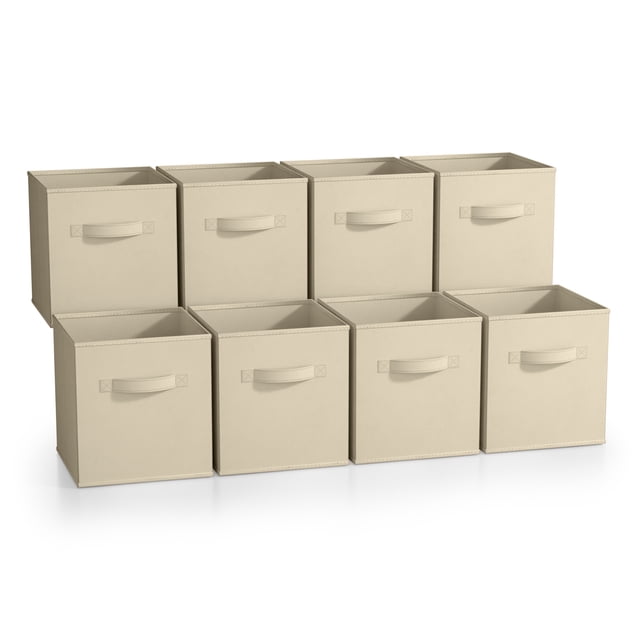 Sorbus Fabric Storage Bins 11" Foldable Cubes with handles, displayed in an 8-pack arrangement. Made of beige nonwoven polypropylene and cardboard, these collapsible bins are ideal for organizing toys, books, clothes, crafts, and office supplies. Each cube measures approximately 10.5" L x 10.5" W x 11" H and fits cube storage organizer shelves, perfect for desk organization and filing.