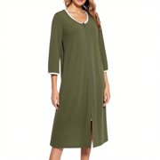 Long Robes for Women Zipper Front Bathrobe 3/4 Sleeve House Coat Long Nightgown with Pockets Soft Loungewear Green S