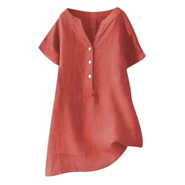 Plus Size Tops for Women Short Sleeve Cotton Linen Oversized Tshirts Shirts V Neck Relaxed Fit Summer Blouses Tunics